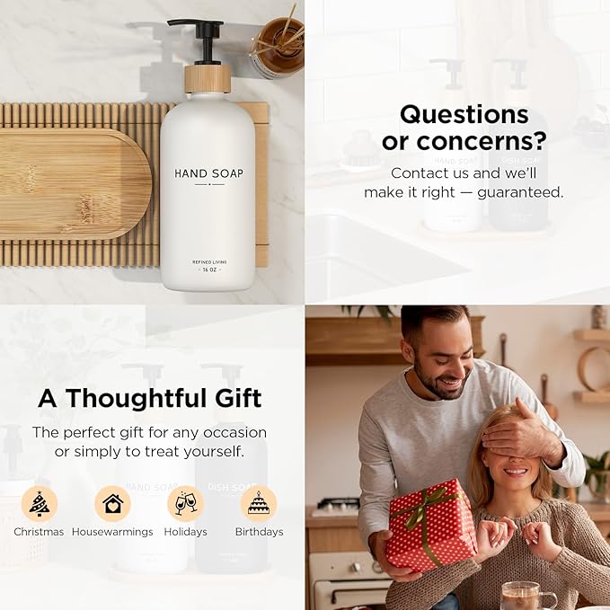 Hand and Dish Soap Dispenser Set,16oz Glass Bottles with Printed Labels, Bamboo Tray & Pump,Countertop Soap Dispensers for Kitchen,Luxury, Minimalist & Farmhouse Decor (Hand Dish (Black/White))