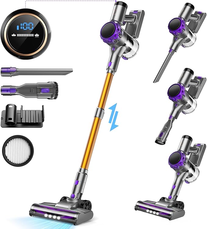 S3 Cordless Vacuum Cleaner, 45kPa Powerful Suction Vacuum Cleaners for Home, 55-Min Runtime Rechargeable Stick Vacuum, Self-Standing, for Pet Hair Carpet Hard Floor, LED Display