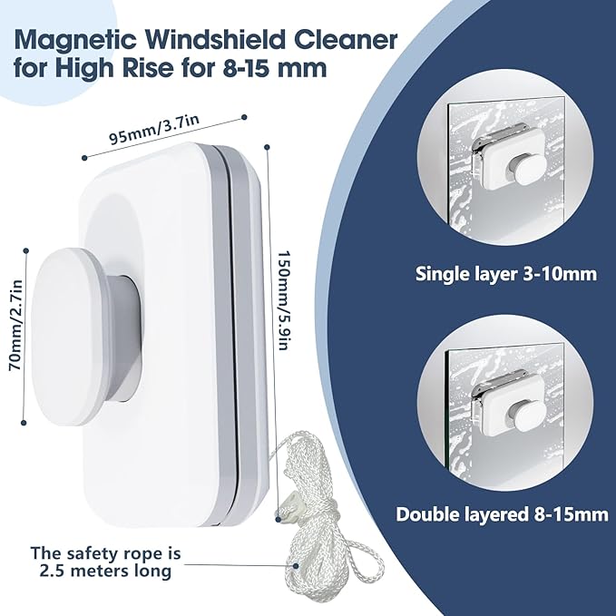Magnetic Windshield Cleaning Tool, Magnetic Double-Sided Window Cleaner，Suitable for 3-5 Inch Thick Double-Layer Glass, High-Rise Window Cleaning Tool for Home/Car/Office