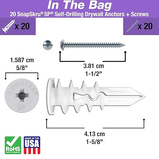 TOGGLER SnapSkru SP Self-Drilling Drywall Anchor for Hollow Walls, Made in The USA, Pack of 20-5/8-in L x 3/8-in Dia Standard Drywall Anchor (Screws Included)