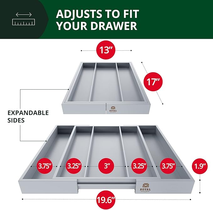 ROYAL CRAFT WOOD Luxury Bamboo Kitchen Drawer Organizer - Silverware Organizer - Utensil Holder and Cutlery Tray with Grooved Drawer Dividers for Flatware and Kitchen Utensils (5 Slot, Gray)