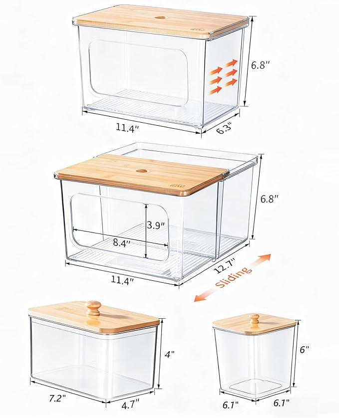 Trash Bag Dispenser Dishwasher Pod Holder - 5 in 1 Plastic Garbage Bag Under Sink Organizer, Acrylic Dryer Sheet Balls Laundry Pods Container with Bamboo Lid, Pantry Organizers and Storage Box