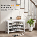 Entryway Shoe Storage Bench with Leather Cushion, Shoe Organizer Bench for Entryway, Ideal for Hallways Front Doors Entrances Mudrooms Featuring Rubberwood And 3 Height-Adjustable & Removable Shelve