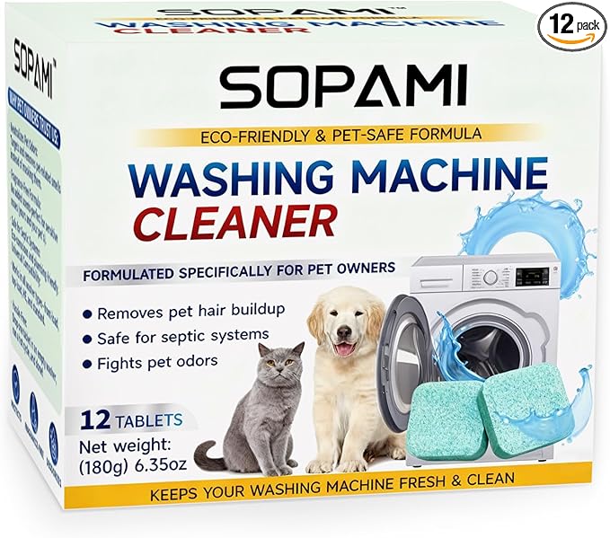 SOPAMI Washing Machine Cleaner Tablets for Pet Owners, Deep Cleaning HE Front Load and Top Load Washer, Septic Safe, Removes Stubborn Pet Hair and Odors