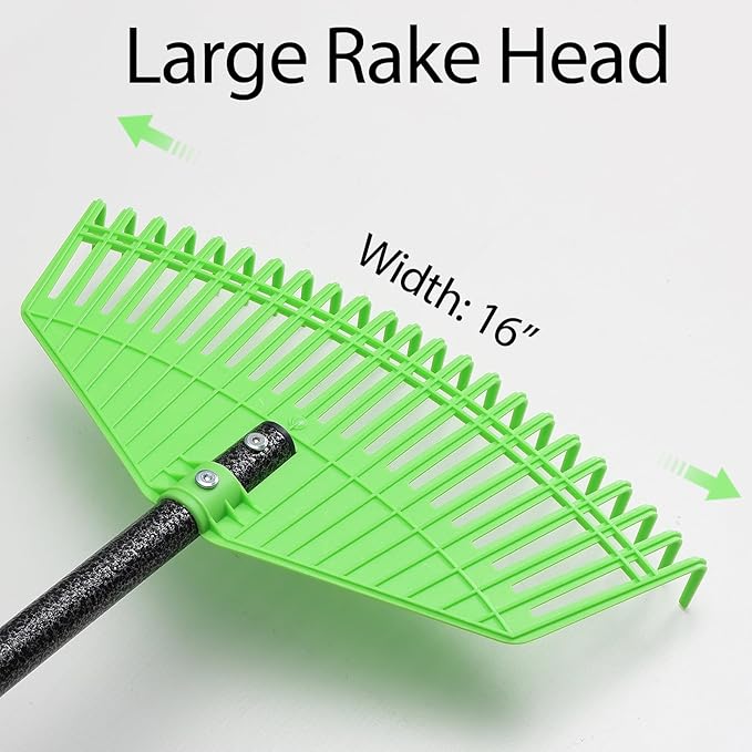 Plastic Rake for Leaves, 23 Tines 16" Wide Plastic Lawn Gravel Shrub Leaf Rake for Leaves and Grass, Thatch Garden Rakes for Yard Heavy Duty Long Handle 35-55"