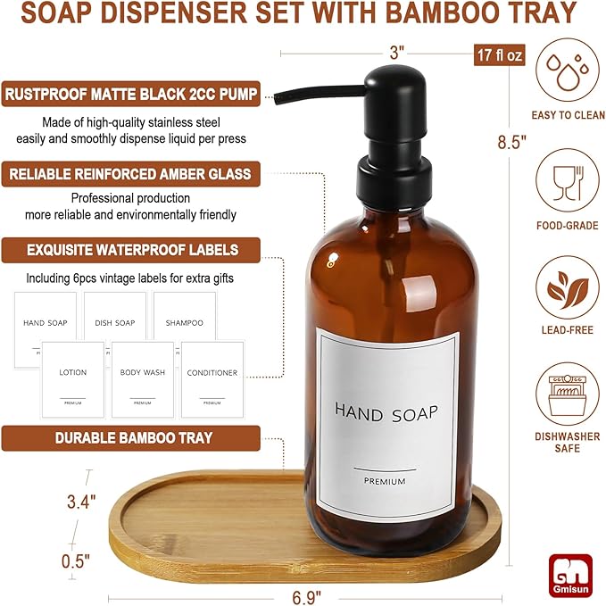 GMISUN Amber Glass Soap Dispenser, 2 Pack Bathroom Hand Soap Dispensers with Bamboo Tray, 17 Fl Oz Kitchen Hand and Dish Soap Dispenser Set, Modern Vintage Liquid Brown Soap Dispensers Bottle