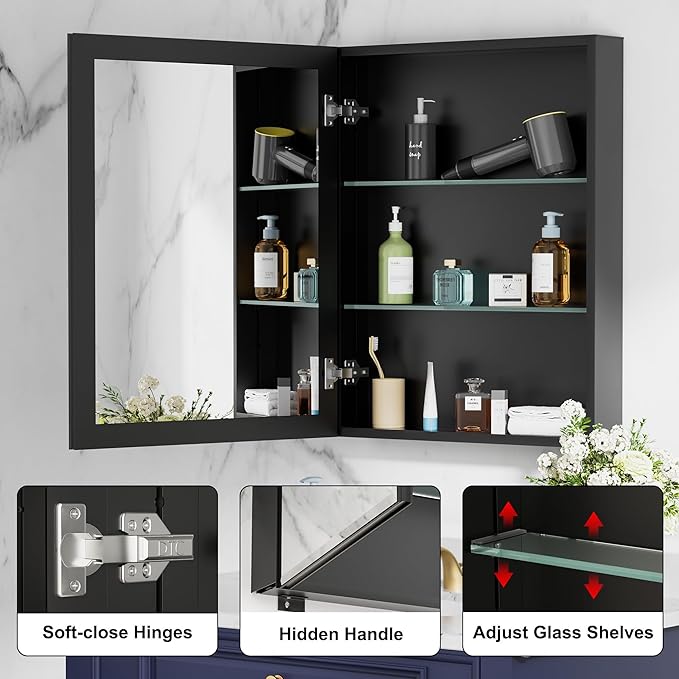 28x30 Inch Medicine Cabinet with Mirror, Aluminum Medicine Cabinet, Tempered Beveled Edge Large Singer Door Mirror, Adjustable Shelves, Surface or Recessed Mount Bathroom Mirrors with Storage, Black