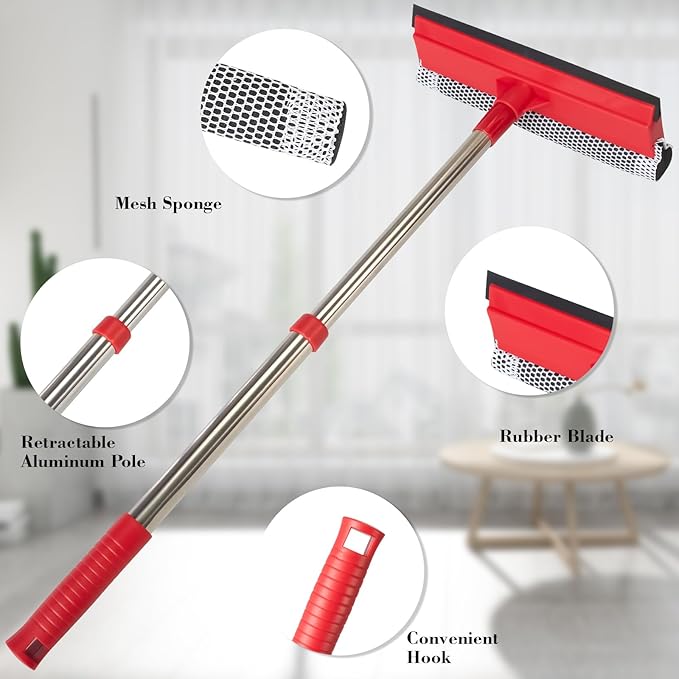 Window Squeegee with 15.7"-27.5" Retractable Stainless Steel Handle, 2-in-1 Windshield Cleaner Tool for Cars, Trucks, Glass Doors, Shower Glass, Outdoor Windows – Window Cleaner (Red)