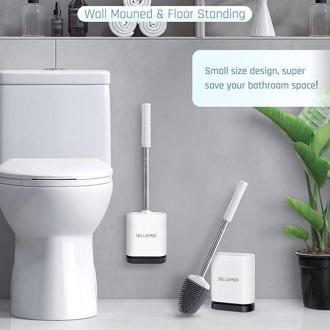 Sellemer Toilet Brush and Holder Set for Bathroom, Flexible Toilet Bowl Brush Head with Silicone Bristles, Compact Size for Storage and Organization, Ventilation Slots Base (2 Pack, White)