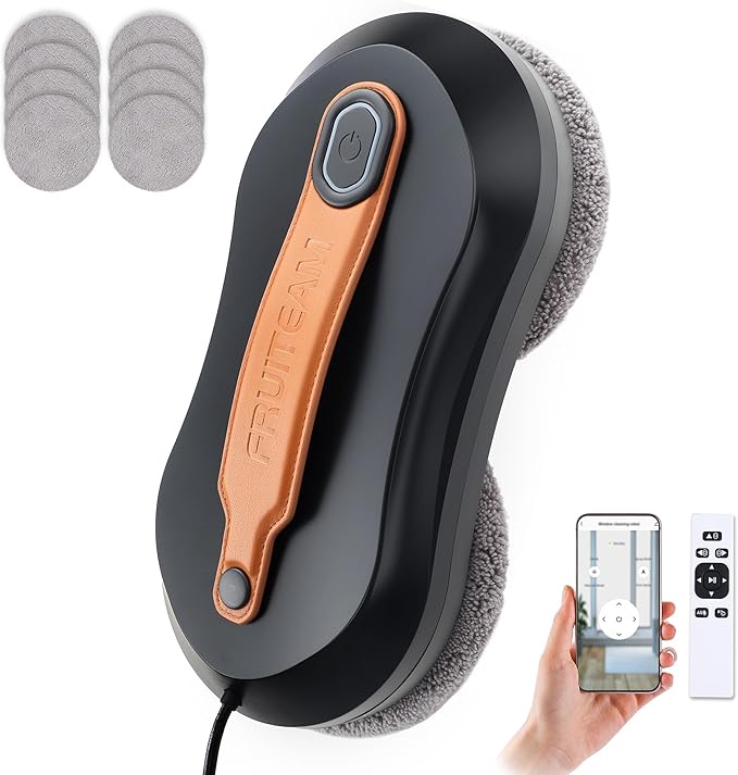 FRUITEAM Window Cleaning Robot with Dual Water Spray, APP and Remote Control, Automatic Window Cleaner with Leather Belt for Frame Glass, Triple Safety System, Smart Path Detection