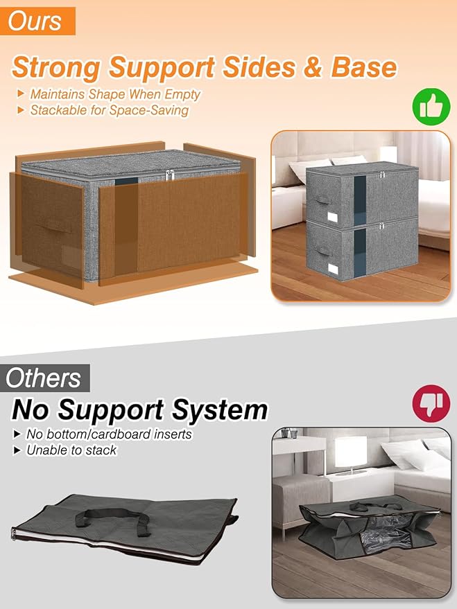 Blanket Storage, Comforter Storage Bag With Rigid Side & Bottom Support, Stackable Clothes Storage Bin For King Size Comforters Sweater Bedding Quilt Pillow Closet Organizers, 21.7x14.2x11.8in, 2Pcs