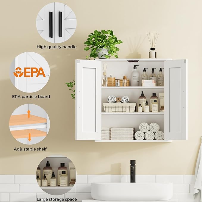 Bathroom Wall Cabinet, Over Toilet Storage Cabinet with Barn Doors and Adjustable Shelves, 3-Tier Medicine Cabinet Wall Mounted, for Bathroom, Kitchen, Entryway, Laundry Room, White, (7.9" D)