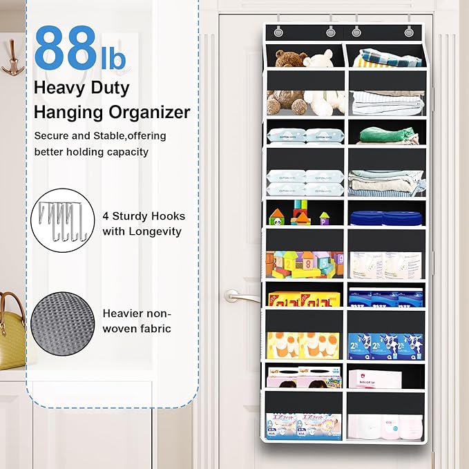 Over The Door Organizer Multi Pocket,5 Tier Large Hanging Shelf for Storage Kids Toys, Diapers, Clothes,Yarn,Heavy Duty Behind Door Storage for Bedroom Bathoom Nursery Closet Pantry,Black