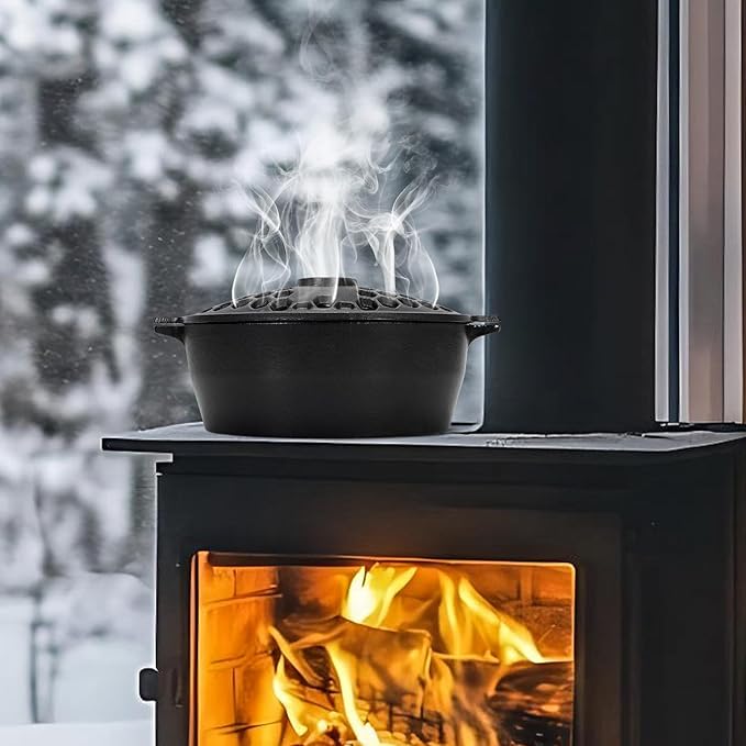 G GOOD GAIN Wood Stove Steamer - Cast Iron Stove Humidifier with Large Opening Top | Oval Bowl Fire Place Stove Pot for Home Heating Decorative | Matte Finish & 2.7 Quart, Black