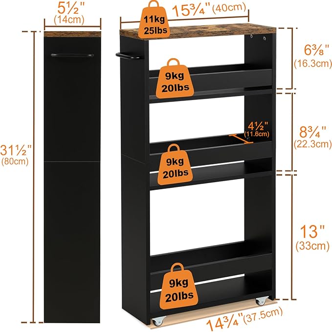 TEAMIX 4 Tier Slim Storage Cart with Handle, Small Kitchen Cart for Narrow Places,Rolling Laundry Cart on Wheels for Small Spaces