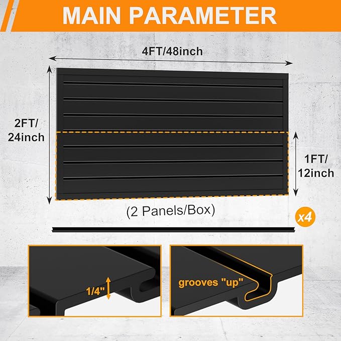 DoCred Slatwall Paneling Organizer, 4x2 FT PVC Garage Slat Wall Storage Systems, Heavy Duty Mounted Slat Peg Board for Tool Organization Ladder Bike Rack (Black)