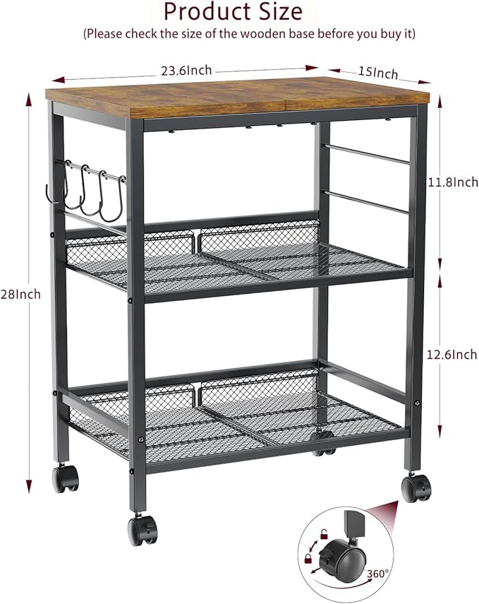 Kitchen Rolling Cart with Storage, 3 Tier Microwave Stand on Lockable Wheels, Small Utility Cart, Coffee bar&Tea Table, Organizer Shelves for Kitchen, Office, Living Room