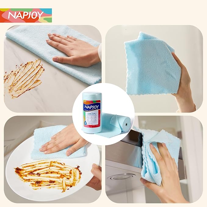 Napjoy Microfiber Cleaning Cloth Roll, 75PK Easy Tear Away Reusable Paper Towels, 12" x 12", Ultra Soft Micro Fiber Dish Cloths for Kitchen, Housekeeping, Window, Car, Garden, Bathroom, Blue
