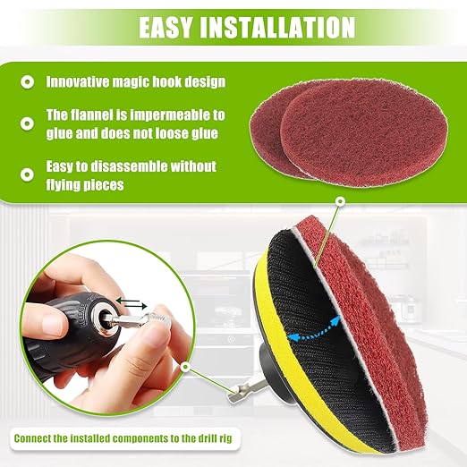 4 Inch Scrub Drill Brush Power Scouring Pads Household Cleaning Set for Kitchen Bathroom 4 Red Pads 4 Green Pads 1 Drill Attachment and 1 Universal Shaft