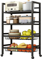 Four-Tier Metal Rolling Rack, Removable Metal Sheets, Grid Baskets with Wheels, Kitchen Storage Cart, Shelf for Pantry, Bathroom, Kitchen, Office, Garage, Black (Large)