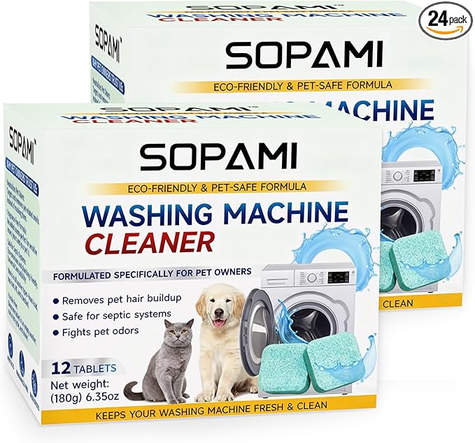 SOPAMI Washing Machine Cleaner Tablets for Pet Owners, Deep Cleaning HE Front Load and Top Load Washer, Septic Safe, Removes Stubborn Pet Hair and Odors