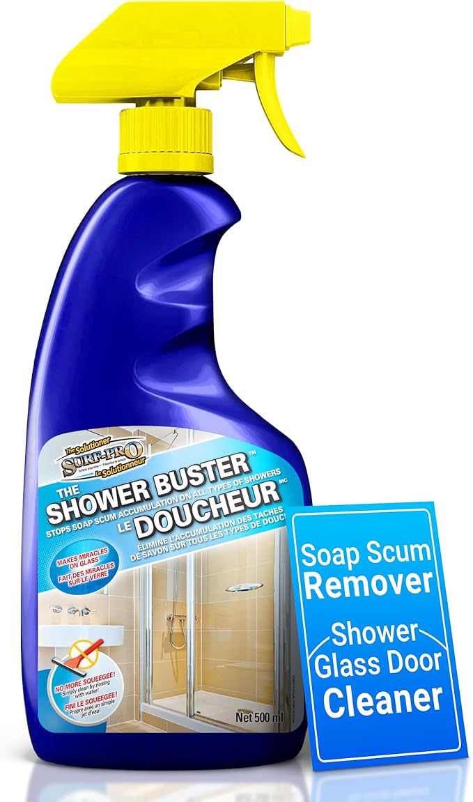 Shower Glass Door Cleaner – Shower Buster Spray for Soap Scum & Hard Water Stains – No Scrub Bathroom Cleaner for Glass, Tile, Chrome, Ceramic, RV and Septic Safe (500ml / 16.9oz)