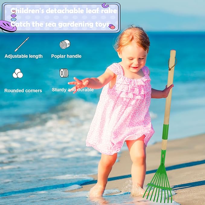 Kids Leaf Rake-Small Wooden Handle Leaf Rake with Metal Tines, 27inches /69cm Length, for Kids Enjoy Garden Cleaning Activities (Green)