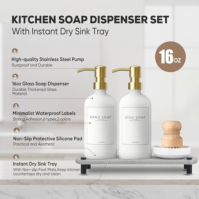 Kitchen Soap Dispenser Set with Instant Dry Tray,16 Oz Hand and Dish Soap White Glass Dispenser Set,Stainless Steel Pump,Waterproof Labels&Dish Brush,Luxury Soap Bottle for Kitchen,Bathroom
