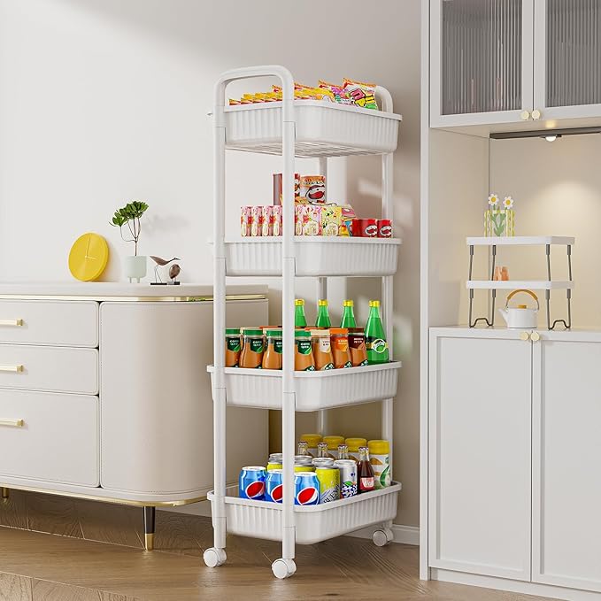 JOYZAN 4 Tier Rolling Carts with Wheels, Utility Cart with Handle and Locking Caster, Storage Cart for Kitchen, Office, Bedroom, Suitable for Diaper, Art Tools, Snack, Craft Storage Cabinet, White