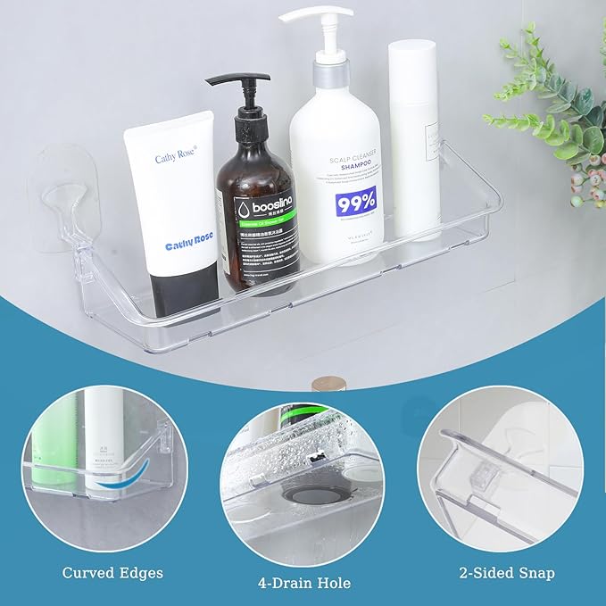 Acrylic Clear Shower Caddy Soap Dish 2pack Large Size 16.8"L 4.7"W 5.9"H Acrylic Shelves No Need To Drill Wall Adhesive Shelves With Self-Adhesive Tape For Bathroom Kitchen Rv(Shower Caddy L)