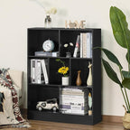 YAHARBO Black 7 Cube Bookshelf,3 Tier Modern Horizontal Bookcase,Wooden Low Book Shelf Display Storage Cabinet with Base,Floor Standing Short Bookshelves Open Organizer for Bedroom,Living Room,Office
