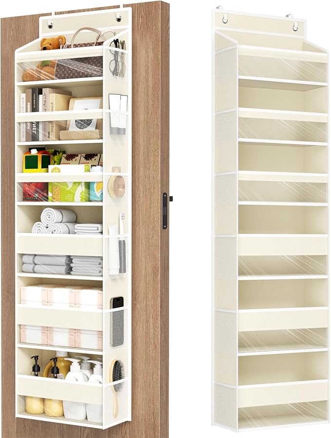 Over The Door Organizer, 6 Shelf Door Hanging Organizers with 6 Large Capacity Pockets, Behind Door Storage Hanging Shelves for Closet Wall Bathroom Bedroom Nursery