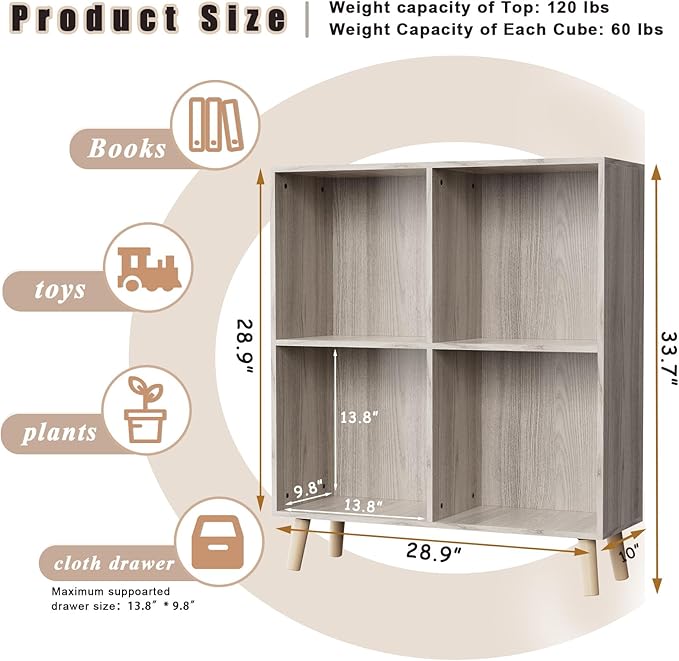 Lkeiyay Wooden 4 Cube Open Bookcase,2 Tier Mid-Century Bookshelf with Legs, Modern Storage Display Cabinet Organizer Bookshelves for Bedroom,Living Room,Office (Grey)