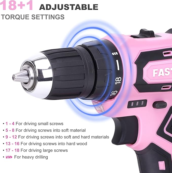 FASTPRO 160-Piece Pink Tool Set with 12V Cordless Lithium-ion Drill Driver, Lady's Home Repairing Tool Kit with Drill in Storage Case, For DIY, Home Maintenance