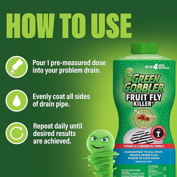 Green Gobbler Fruit Fly Killer+ - Kills Fruit Flies, Drain Flies & Sewer Flies, Gel Treatment for Use in Sinks & Pipes - Safe for Septic Systems, 32oz - Up to 8 USES (2 Pack)
