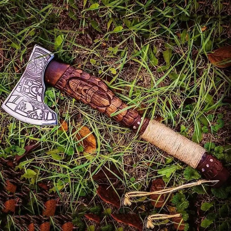 | custom handmade Viking medieval Axe with Viking gift,Hand Axe,Viking Gifts for Men,Camping Tomahawk,Bearded,Valhalla Axe with Leather Sheath (Battle axe) (Handmade)