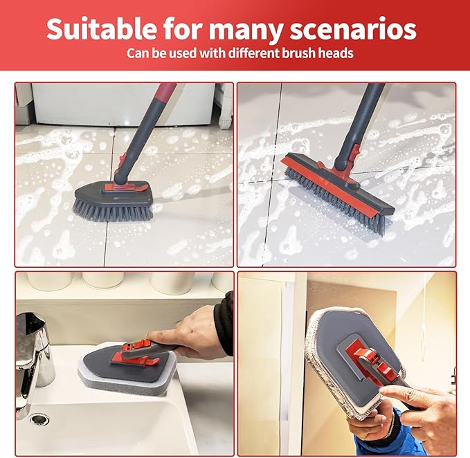 Tile Tub Scrubber Brush No Scratch with 4 Different Function Cleaning Heads and 51" Long Handle- Shower Scrubber for Cleaning Bathroom Kitchen Toilet Wall,Bathtub,Sink，Floors, Walls, mats, Ceilings