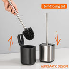 Toilet Bowl Brush and Holder, Toilet Brush with Stainless Steel Handle and Durable Bristles for Bathroom Cleaning, Automatic Closing Holder Set (Silver)