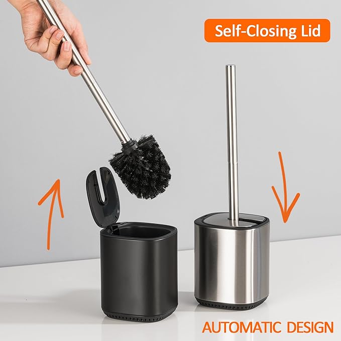 Toilet Bowl Brush and Holder, Toilet Brush with Stainless Steel Handle and Durable Bristles for Bathroom Cleaning, Automatic Closing Holder Set (Black)