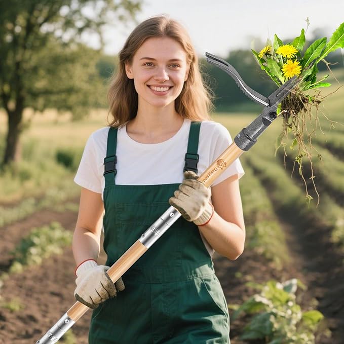 Weed Puller-Stand Up Weed Puller Tool,Adjustable 44-31.5" Bamboo Handle with Heavy Duty 4-Claw Cast Steel Head - Foot Step Design, No Bending Required - Garden & Yard Weeder