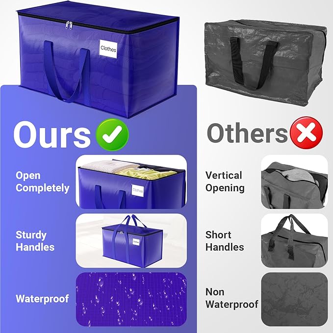 FabSpace 8 Pack Moving Storage Bags Heavy-Duty with Zippers and Reinforced Handles, Moving Supplies Packing Boxes for Moving, Storing, Saving Space, Blue Plastic Storage Totes 93 L(24 Gallon)