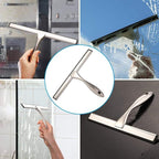 10-Inch All-Purpose Stainless Steel Shower Squeegee — Bathroom Glass Door and Mirror Cleaner with 2 Adhesive Hooks, Ideal for Windows, Tiles, Walls, and Cars, Silver Finish
