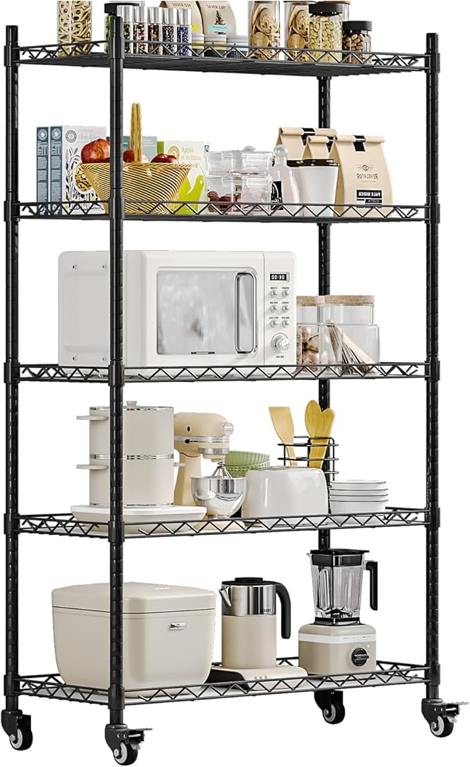 5 Shelf Storage Rack Adjustable Organizer with Wheels Metal Heavy Duty Standing Shelf Units for Terrace Garage Kitchen Bathroom Black 29.53” L x 13.78” W x 63.86” H (Black, 5 Shelf with Wheel)