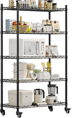 5 Shelf Storage Rack Adjustable Organizer with Wheels Metal Heavy Duty Standing Shelf Units for Terrace Garage Kitchen Bathroom Black 29.53” L x 13.78” W x 63.86” H (Black, 5 Shelf with Wheel)