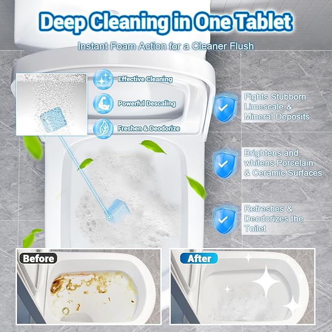 Upgraded Toilet Bowl Cleaners, 6PCS Triple Effect Toilet Cleaner with 3PCS Toilet Tank Cleaners Tablets with Bleach, Toilet Bowl Cleaner Tablets Drop in Tank for Deodorizing & Descaling(9 Pack)