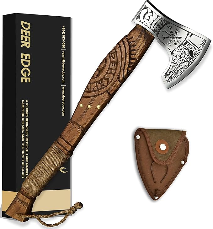 Viking Axe Forged High Carbon Steel Viking Axe | Balanced Ax | Odin Norse Bearded Axe | Camping Hatchet Axe | Sheath Included Handcrafted Ash Wood Shaft | Viking Gifts for Men
