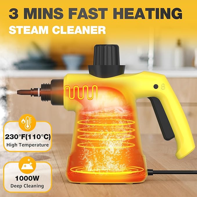 Pressurized Handheld Steam Cleaner, Portable Multi-Surface Cleaner for Home, Multipurpose Steam Cleaner for Tile, Grout, Windows, Bathroom, with 12pcs Accessories (Yellow)