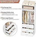Besiost Freestanding 2FT Closet System with 3 Wood Drawers, 24" Closet Organizer System with Hanging Rod & Shelves, Walk-in Closet Systems for Small Closets, White (24"L x 15" W x 80" H)