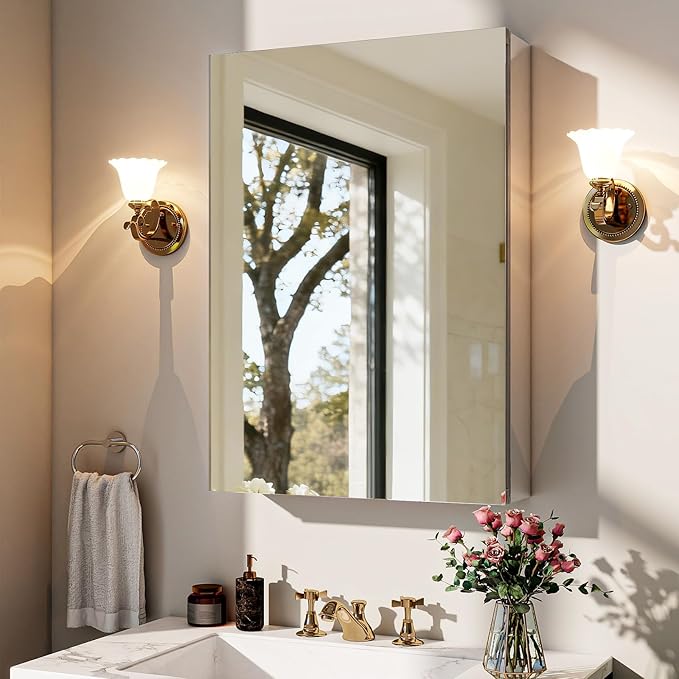 BEAUTYPEAK Bathroom Medicine Cabinet Mirror with Storage, 16 Inch x 24 Inch Silver Medicine Cabinet with Single Door & Adjustable Shelves for Vanity, Tempered, Aluminum Surface, Wall-mount or Recessed