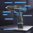 Cordless Drill Set, 12V Power Drill with 2.0Ah Battery and 2-Speed, 30Nm Torque, 25+1 Clutch Settings, 3/8" Keyless Chuck, Blue Electric Drills for Home DIY, Wood, Metal, Plastic Drilling